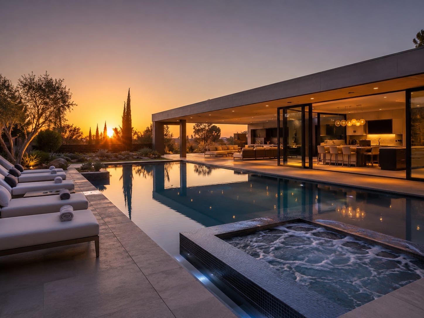 Luxury swimming pool at sunset
